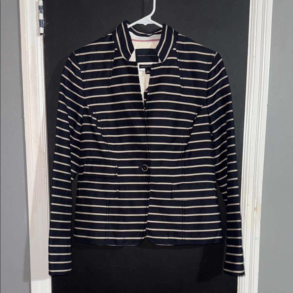 Banana Republic Navy & Beige Striped One Button Blazer Size: 12